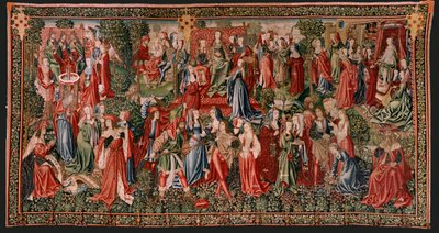Tapiz flamenco. Serie Redención Humana o Vicios y Virtudes. Los vicios llevan al Hombre al pecado (Los Vicios conducen al Hombre al pecado). Segundo tapiz de la serie (primero de los conservados en Palencia. Fabricación bruselense, taller. Ca. 1510. Medida de Flemish School
