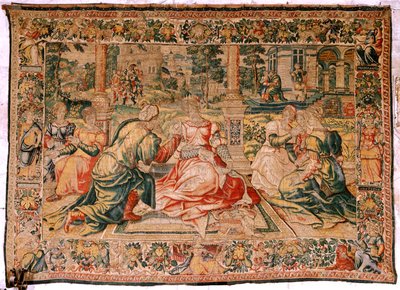 Tapiz flamenco. Serie Marco Antonio y Cleopatra. Cleopatra y su corte (Cleopatra en su corte). Caricatura modelo atribuida a Pieter Coecke van Aelst. Fabricación Bruselas (?). Segunda mitad del siglo XVI. Tela Seda y lana. Tamaño 310 x 435 cm. Origen de Flemish School