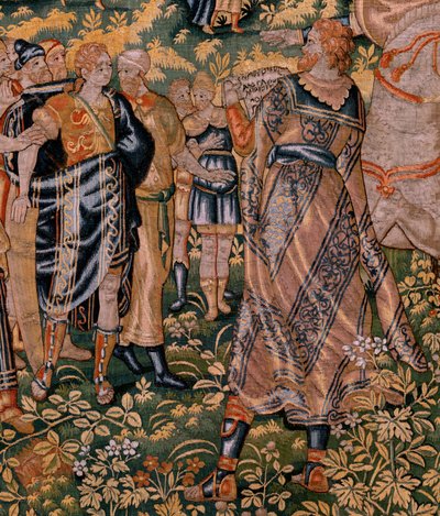 Tapiz flamenco. Serie Historia de Ciro. No II Astiages reconoce a Ciro (Ciro reconocido por Astiages). Anónimo, basado en Michiel Coxcie. Taller Amberes. Seda y lana. hacia 1590. de Flemish School