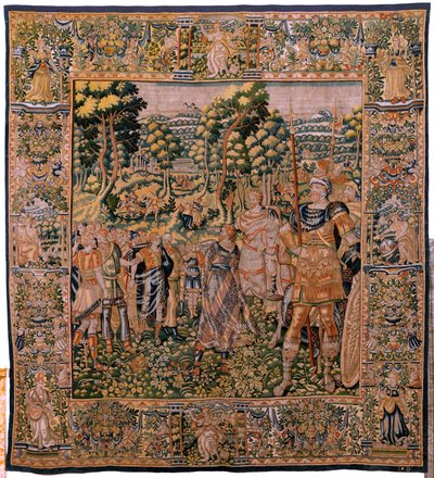 Tapiz flamenco. Serie Historia de Ciro. No II Astiages reconoce a Ciro (Ciro reconocido por Astiages). Anónimo, basado en Michiel Coxcie. Taller Amberes. Seda y lana. hacia 1590. de Flemish School
