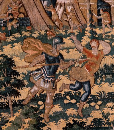 Tapiz flamenco. Serie Historia de Ciro. No V Combate entre dos guerreros y la muerte de Ciro (Combate de dos guerreros y muerte de Ciro). Anónimo, basado en Michiel Coxcie. Taller Amberes. Seda y lana. hacia 1590. de Flemish School