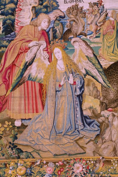 Tapiz flamenco. Serie El Apocalipsis: San Miguel derrotando al dragón. Atelier Willem Dermoyen, Bruselas. Ca 1553-1555. Detalle. de Flemish School
