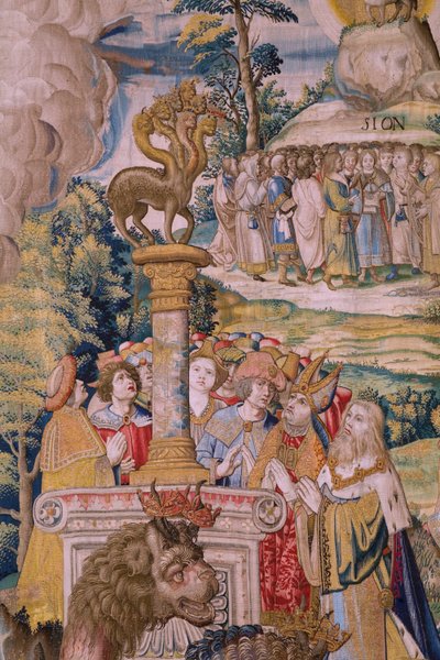 Tapiz flamenco. Serie El Apocalipsis: San Miguel derrotando al dragón. Atelier Willem Dermoyen, Bruselas. Ca 1553-1555. Detalle. de Flemish School