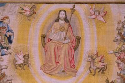 Tapiz flamenco. Serie El Apocalipsis: San Miguel derrotando al dragón. Atelier Willem Dermoyen, Bruselas. Ca 1553-1555. Detalle. de Flemish School