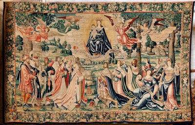 Tapiz flamenco. Serie El Granizo. Salve Regina. Fabricación en los talleres de Bruselas, una posible fabricación de Marc Crétif. Ca 1528. Medidas 412 x 652 cm. Tela Seda y lana. Ubicación Catedral de Palencia. Origen Un legado del obispo Fonseca en 1529. E de Flemish School
