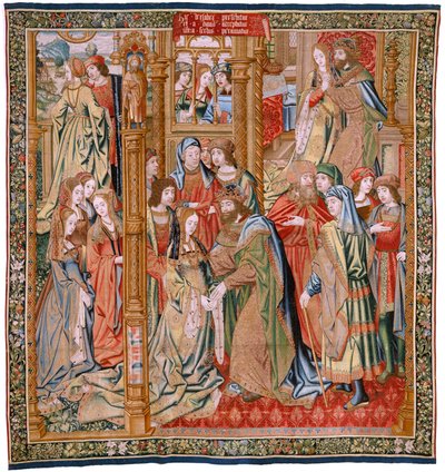 Tapiz flamenco. Serie La Historia de David y Betsabé. Matrimonio de David y Betsabé (Casamiento de David y Betsabé). Segundo panel de la serie. Modelo Anónimo. Fabricación Desconocida, Bruselas. 1505. Tejido Oro, seda y lana. de Flemish School