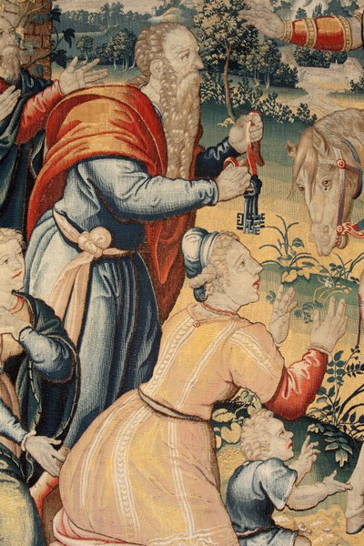 Tapiz flamenco. Serie La Historia de Aníbal. Aníbal en Italia (Aníbal en Italia). Tercer tapiz de los conservados. Modelos Maestro anónimo de los Países Bajos. Fabricación de Bruselas, taller. Ca 1570. Tejido Lana y seda. 6,5/7 urdimbres por cm. Tamaño de Flemish School