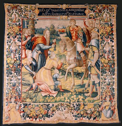 Tapiz flamenco. Serie La Historia de Aníbal. Aníbal en Italia (Aníbal en Italia). Tercer tapiz de los conservados. Modelos Maestro anónimo de los Países Bajos. Fabricación de Bruselas, taller. Ca 1570. Tejido Lana y seda. 6,5/7 urdimbres por cm. Tamaño de Flemish School