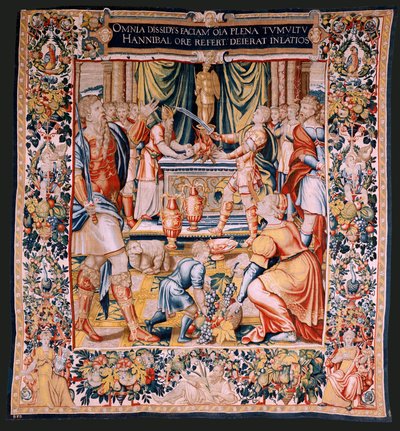 Tapiz flamenco. Serie La Historia de Aníbal. Juramento de Aníbal (Juramento de Aníbal). Primer tapiz de la serie. Caricaturas anónimo maestro de los Países Bajos. Fabricación de Bruselas, taller. Ca 1570. Tejido Lana y seda, 6,5/7 urdimbres por cm. Talla 3 de Flemish School