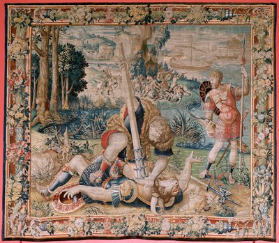 Flemish tapestry. Series The Labours of Hercules. Hercules battling the Minotaur (Hércules luchando con el Minotauro). Hércules luchando con el Minotauro). Second tapestry in the extant series. Model Unknown. Manufacture Willem Dermoyen, Brussels. Ca 1528. de Flemish School