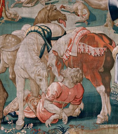 Tapiz flamenco. Serie Los Trabajos de Hércules. Los caballos de Diomedes (Los caballos de Diomedes). Tercer tapiz de la serie existente. Modelo desconocido. Fabricación Willem Dermoyen, Bruselas. Ca1528. Tela Seda y lana. Tamaño 350 x 400 cm. Ubicación rea de Flemish School