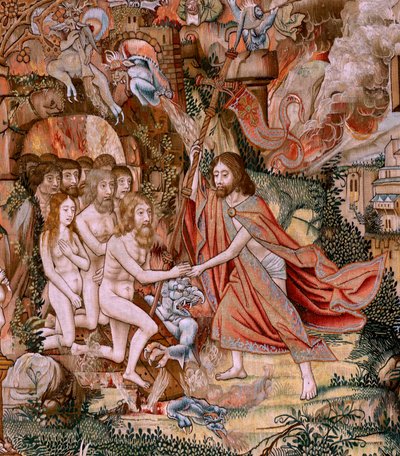 Tapiz flamenco. Serie La Pasión de Cristo. El Descendimiento de la Cruz (Descendimiento). Segunda serie de tapices de la Pasión de Cristo pertenecientes al Patrimonio Nacional. Dibujantes modelo del círculo de Jan van Roome. Manufactura Pieter va de Flemish School