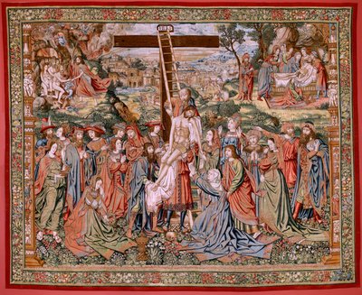 Tapiz flamenco. Serie La Pasión de Cristo. El Descendimiento de la Cruz (Descendimiento). Segunda serie de tapices de la Pasión de Cristo pertenecientes al Patrimonio Nacional. Dibujantes modelo del círculo de Jan van Roome. Manufactura Pieter va de Flemish School