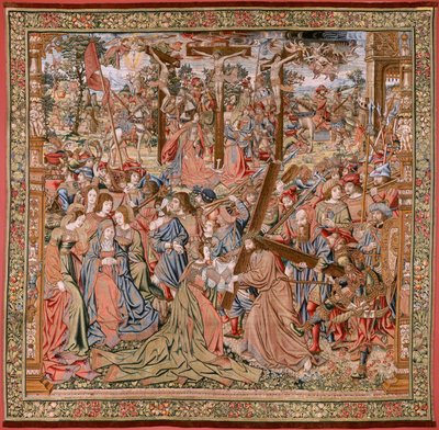 Tapiz flamenco. Serie La Pasión de Cristo; Camino del Calvario y encuentro con la Verónica (Camino del Calvario y encuentro con la Verónica). Primer tapiz de los que conserva Patrimonio Nacional. Dibujantes modelo del círculo de Jan van Roome y Bern de Flemish School