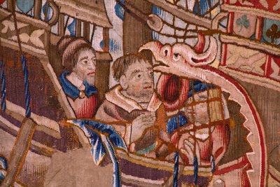 Tapiz flamenco. Serie Los portugueses en la india: La llegada a Calicut (De Aankomst in Calicut, Llegado de Vasco de Gama a Lisboa). Ca 1510. Colección Caixa Geral de Depósitos, Lisboa. Detalle. de Flemish School