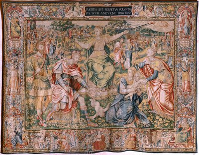Tapiz flamenco. Serie Las Siete Virtudes. Justicia (La Justicia). Modelo basado en Michiel Coxcie. Fabricación Bruselas. Fabricación por Frans Geubels. Ca 1560-1570. Tela Seda y lana. Tamaño 330 x 450 cm. Ubicación Catedral de Burgos. Origen Un legado a t de Flemish School
