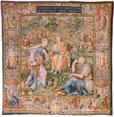 Tapiz flamenco. Serie Las Siete Virtudes. Templanza (La Templanza). Modelo basado en Michiel Coxcie. Fabricación Bruselas. Fabricación por Frans Geubels. Ca1560-1570. Tela Seda y lana. Tamaño 330 x 320 cm. Ubicación Catedral de Burgos. Origen Un legado t de Flemish School