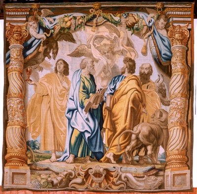 Tapiz flamenco. Serie El Triunfo de la Eucaristía. Los cuatro evangelistas (Los cuatro evangelistas). Undécimo tapiz de la serie. Modelo Peter Paul Rubens. 1626-1628. Manufactura Jan II Raes, Hans Vervoert, Jacques Fobert, Bruselas de Flemish School