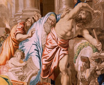 Tapiz flamenco. Serie El Triunfo de la Eucaristía. Victoria de la Eucaristía sobre los sacrificios paganos (Victoria de la Eucaristía sobre los sacrificios paganos). Cuarto tapiz de la serie. Modelo Peter Paul Rubens. 1626-1628. Manufactura Jan II Raes, Ja de Flemish School