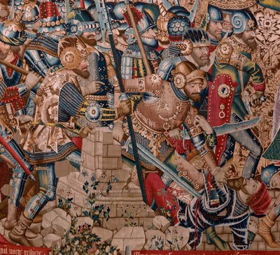 Tapiz flamenco. Serie La Guerra de Troya. La destrucción de Troya (Destrucción de Troya). Undécimo tapiz de la serie. Model Coëtivy Master (Henry o Conrard de Vulcop). Talleres de fabricación Tournai. Ca 1470. Tejido Lana y seda, 6/7 urdimbres por cm. de Flemish School