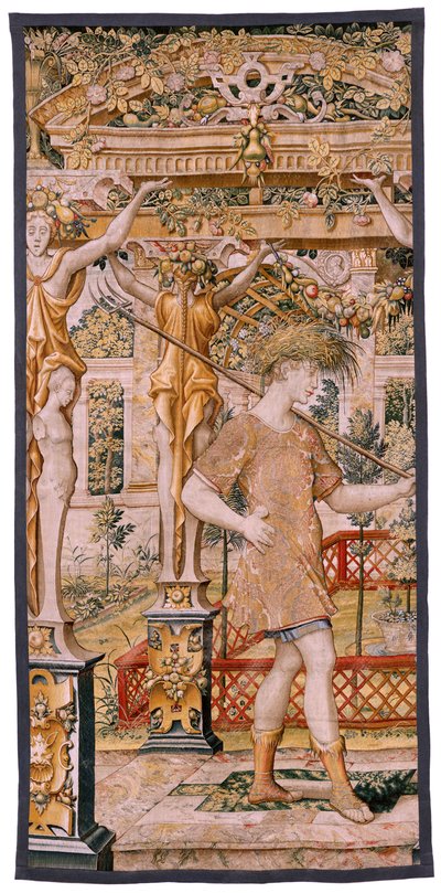 Tapiz flamenco. Serie Vertumnus y Pomona. No II Vertumnus transformado en agricultor (Vertumno y Pomona II Vertumno transformado en agricultor) no1 parte izquierda. Modelos Círculo de Pieter Coecke Van Aelst y Léonard Thiry. Atelier desconocido, Bruselas.  de Flemish School