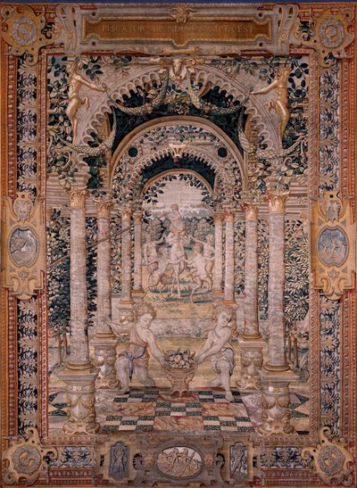 Tapiz flamenco. Serie Vertumnus y Pomona. Séptimo tapiz de la serie; Vertumnus transformado en pescador (parte central). Modelos Círculo de Pieter Coecke Van Aelst y Léonard Thiry. Fabricación Taller desconocido, Bruselas. Antes de 1550. Tejido Ir de Flemish School