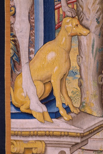 Tapiz flamenco. Serie Vertumnus y Pomona: Vertumnus transformado en granjero (Vertumnus como granjero, Vertumno transformado y agricultor). Estudio Willem de Pannemaker. hacia 1545-1550. Detalle. de Flemish School