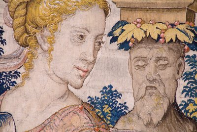 Tapiz flamenco. Serie Vertumnus y Pomona: Vertumnus transformado en granjero (Vertumnus como granjero, Vertumno transformado y agricultor). Estudio Willem de Pannemaker. hacia 1545-1550. Detalle. de Flemish School