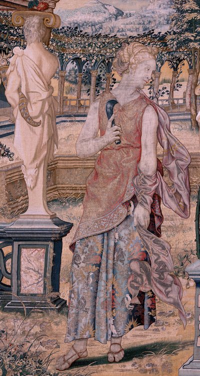 Tapiz flamenco. Serie Vertumnus y Pomona. Vertumnus transformado en segador (Vertumno transformado en segador). Primer tapiz de la serie. Círculo modelo de Pieter Coeck van Aelst. ; Fabricación Wilhelm Pannemaker, Bruselas. Ca 1545-1550. Tela de Flemish School
