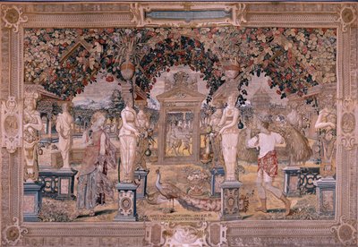 Tapiz flamenco. Serie Vertumnus y Pomona. Vertumnus transformado en segador (Vertumno transformado en segador). Primer tapiz de la serie. Círculo modelo de Pieter Coeck van Aelst. ; Fabricación Wilhelm Pannemaker, Bruselas. Ca 1545-1550. Tela de Flemish School