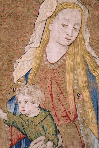 Tapiz flamenco. La Virgen con el Niño y los ángeles (La Virgen con el Niño y un ángel, María conoció a Kind in engelen). Aprox. de Flemish School