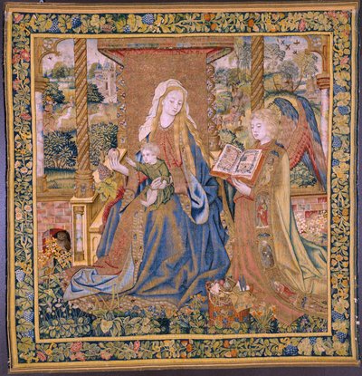 Tapiz flamenco. La Virgen con el Niño y los ángeles (La Virgen con el Niño y un ángel, María conoció a Kind in engelen). Aprox. de Flemish School
