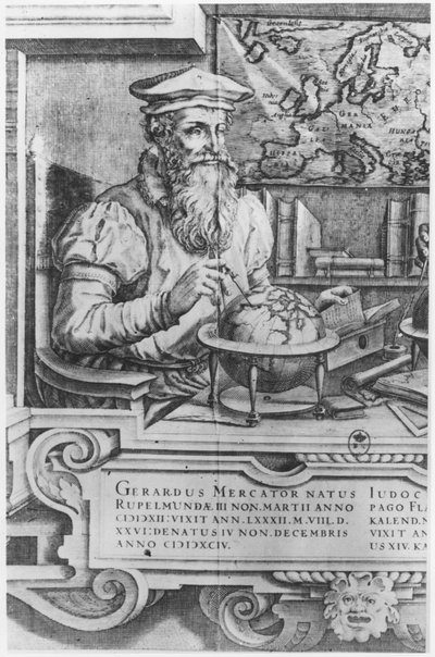 Gerard Mercator (1512-94) grabado para inclusión en la serie de atlas de Mercator y Hondius de Flemish School