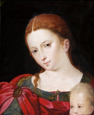Cabeza y hombros de una niña con capa roja sobre vestido azul, c.1550 de Flemish School