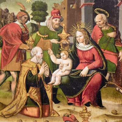 Sagrada familia y tres reyes magos de Flemish School