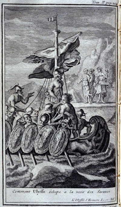Cómo Ulises escapó de la voz de la sirena. Ilustración para el libro XII de la Odisea de Homero, en la Odisea, publicada en Ámsterdam en 1731, Colección privada Milán de Flemish School