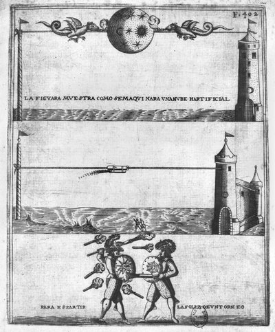 Cómo hacer una nube artificial, ilustración de Tratado de Artillería de Diego Ufano, Bruselas, 1613 de Flemish School