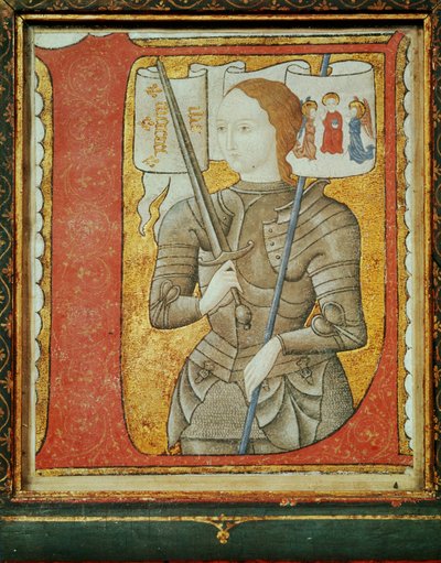 La inicial D muestra a Juana de Arco con armadura sosteniendo una bandera en la que aparecen el Padrino y dos ángeles ... de Flemish School