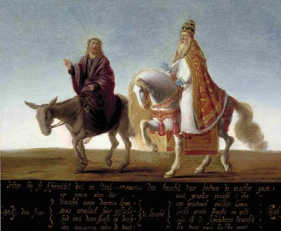 "" Jesús representado en un burro junto al Papa ricamente vestido en un caballo "" Caricatura luterana contra el Papa - Pintura anónima de Flemish School