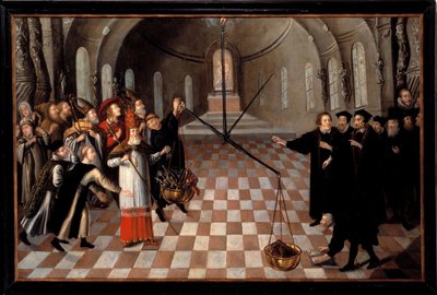 La pesée des religions, caricatura luterana contra la religión católica, representada a la izquierda, opulenta poniendo en la balanza sus riquezas, pero vencida por la fe protestante a la derecha cuya sola biblia pesa más de Flemish School