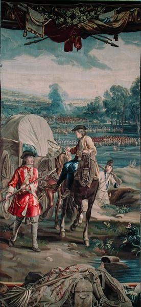 Paisaje con escena de batalla y carro de caballos en primer plano, de la serie 