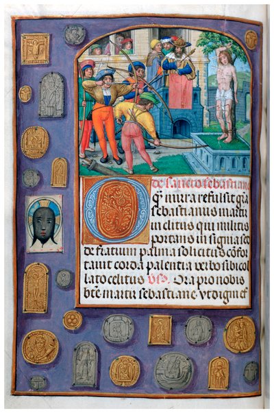 MS 4, vol. 127, f.112v, Martirio de San Sebastián con borde de trampantojo de insignias de peregrino y verónica, de un Libro de Horas, Flandes, principios del siglo XVI de Flemish School