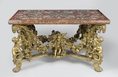 Mesa de marquetería sobre base de madera de tilo tallada y dorada, 1689 de Flemish School