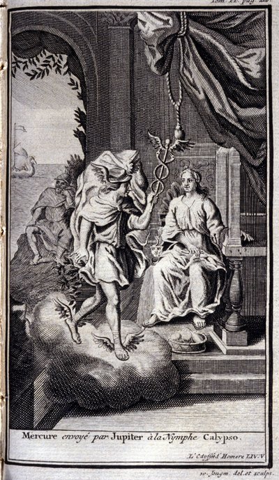 Mercurio enviado por Júpiter a la ninfa Calipso. Ilustración para el libro V de la Odisea de Homero, en la Odisea, publicada en Ámsterdam en 1731, Colección privada Milán de Flemish School