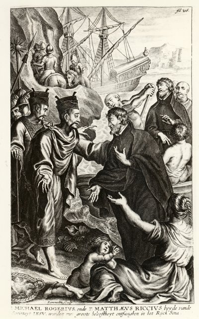 Michael Rogerius (1543-1607) y Matthaeus Riccius (1552-1610) llegando a la costa de China, ilustración de una historia de la Iglesia por P. Cornelius Hazart, publicado en Amberes, 1668 de Flemish School