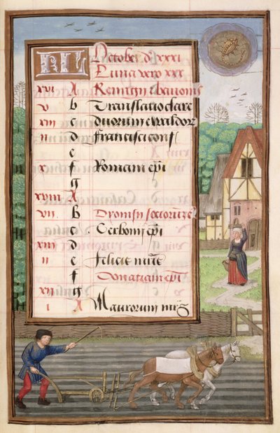 Ms 1058-1975 f10r Arando con Dos Caballos, página de calendario iluminada para octubre, de un Libro de Horas, c.1500 de Flemish School