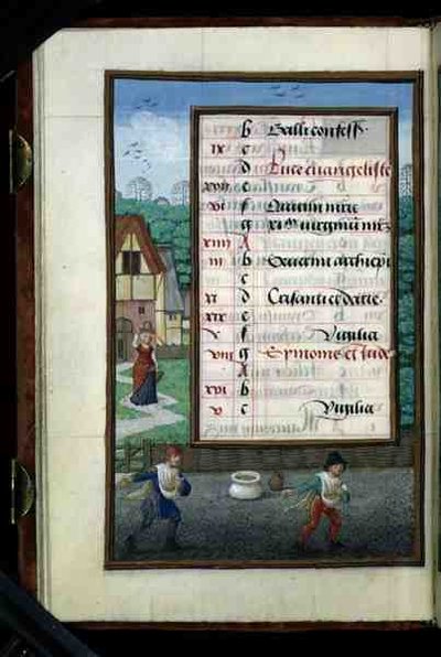 Ms 1058-1975 f.10v Dos hombres sembrando maíz, página de calendario iluminada para octubre, de un Libro de Horas, c.1500 (pergamino) de Flemish School