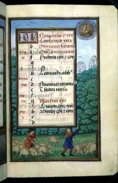 Ms 1058-1975 f.11r Pastoreo de Cerdos y Golpeando Robles, página de calendario iluminada para noviembre, de un Libro de Horas, c.1500 (pergamino) de Flemish School