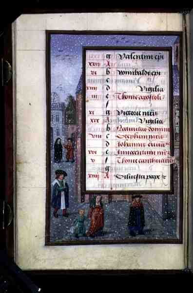 Ms 1058-1975 f12v Nieve en una Calle, página de calendario iluminada para diciembre, de un Libro de Horas, c.1500 de Flemish School