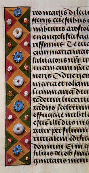 Ms. 1058-1975, f.16r: detalle de un borde floral de un Libro de Horas, c.1500 de Flemish School